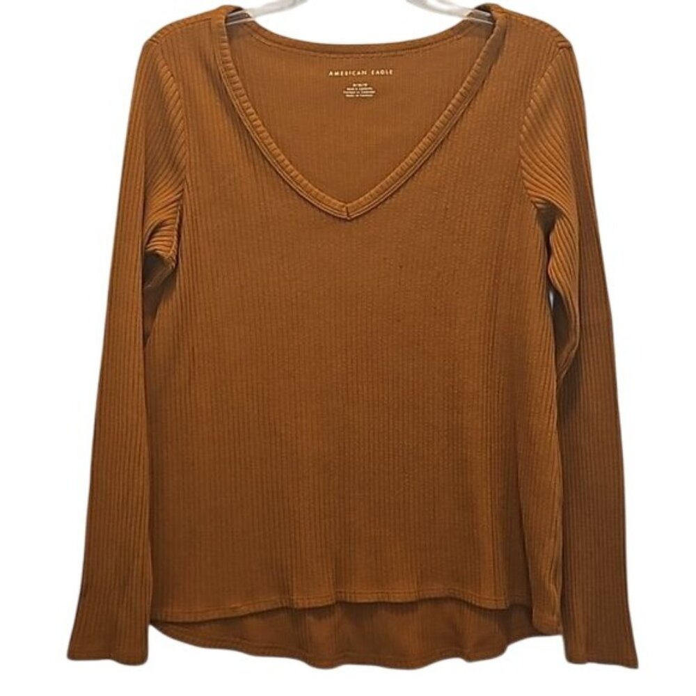 American Eagle Ribbed Long Sleeve Pullover Top Size Medium V-neck Casual Fall